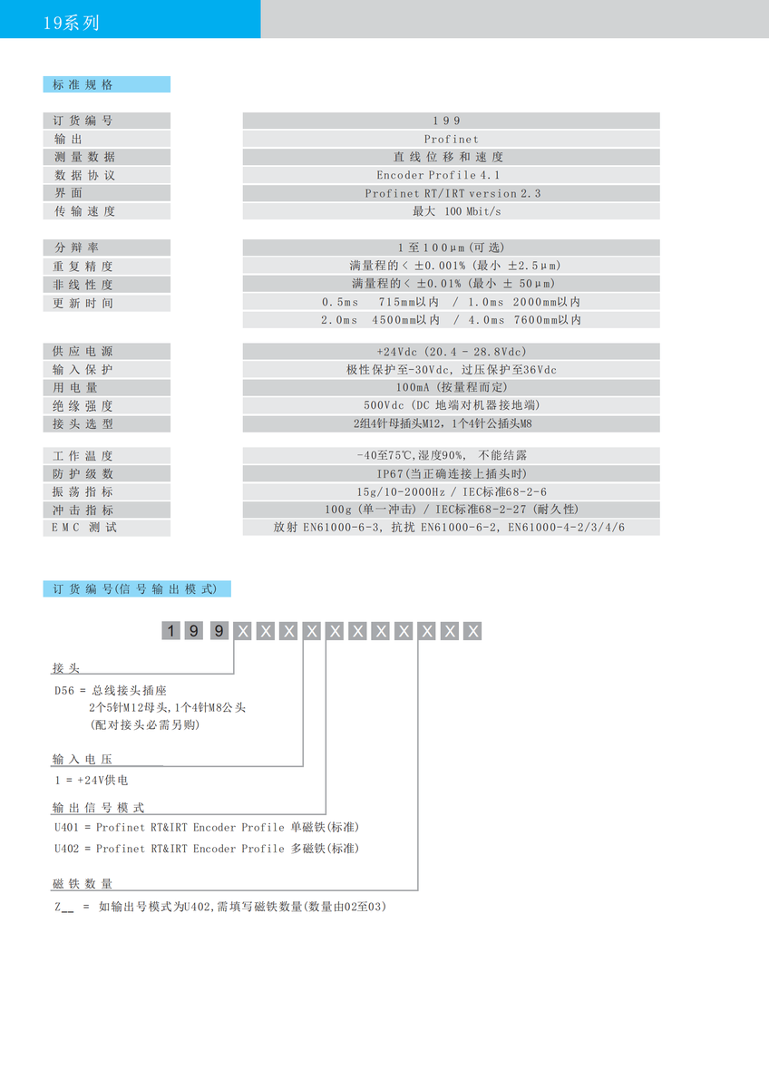 19系列 Profinet 标准规格参数表